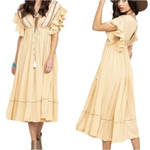 Free People Yellow Boho Dress Midi Yellow with Tassel Ties and Metallic Thread